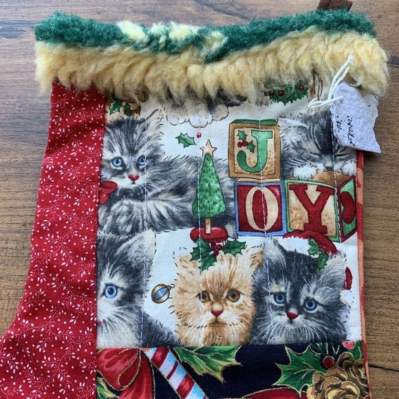 Christmas Stocking Kittens  Quilted Patchwork Fabric Cat NEW 13” Handmade - Picture 3 of 5
